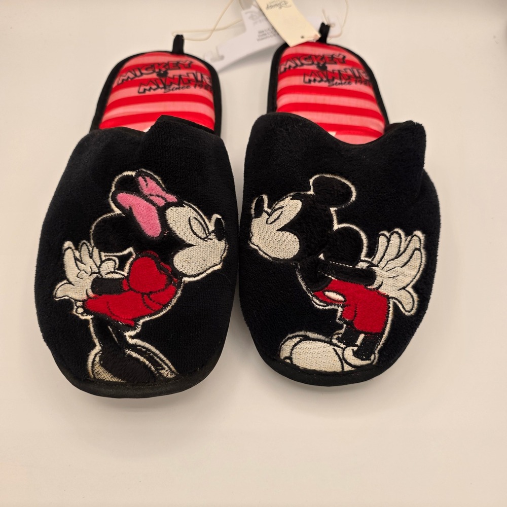 Disney Mickey Minnie Mouse Plush Slippers Black Red Striped Large 9/10 NWT